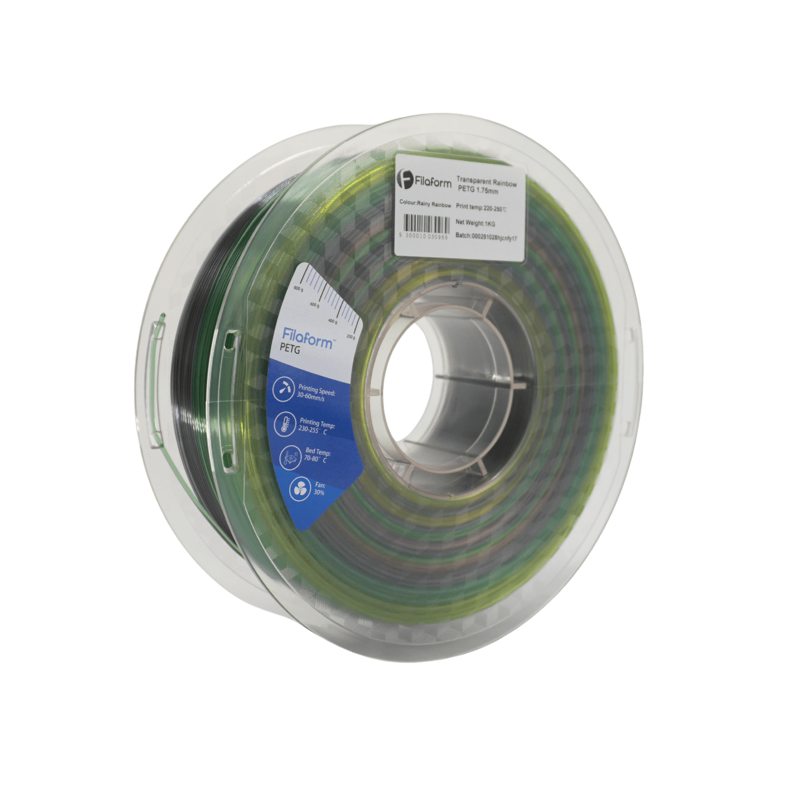 A 1kg spool of Filaform Transparent Rainbow PETG in Rainy Rainbow, 1.75 mm